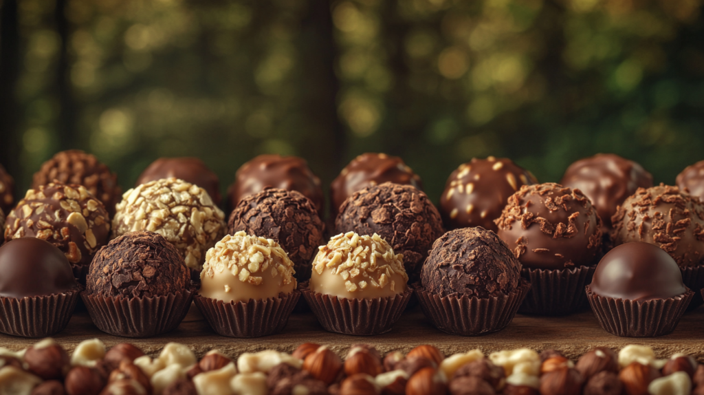 An assortment of chocolate truffles filled with hazelnut cream, labeled by hazelnut variety with a hazelnut tree backdrop. Hazelnut varieties.