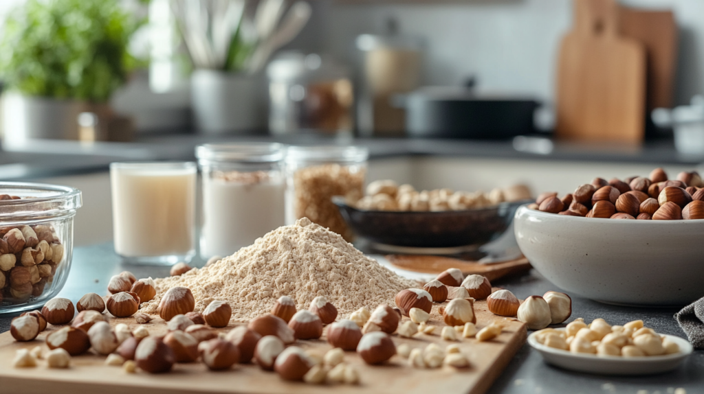 Close-up view of hazelnuts, hazelnut flour, hazelnut oil, and hazelnut milk on a modern kitchen countertop. Hazelnut sales.