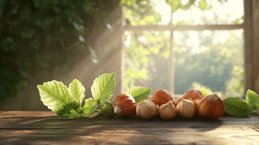 A close-up of three hazelnut varieties with distinct shell sizes and colors on a rustic wooden table. Profitable hazelnut varieties.