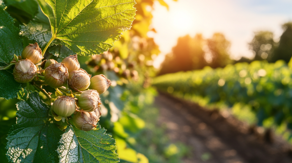 Close-up of ripe hazelnuts hanging from a tree, showcasing sustainable agriculture. Carbon farming.