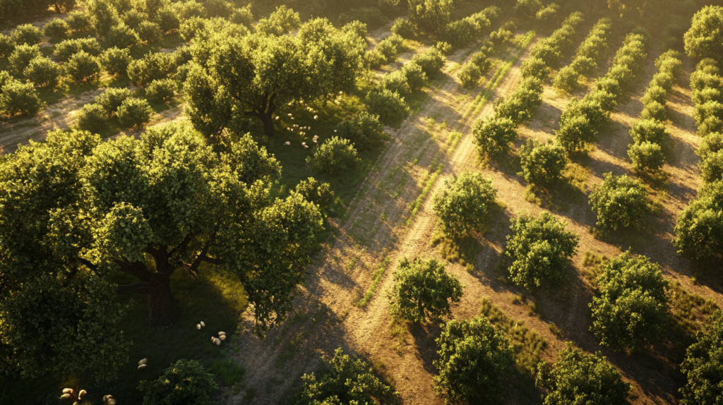 Aerial view of Beaked Hazelnut Trees in a natural setting and Barcelona Hazelnut Trees in an organized orchard layout.