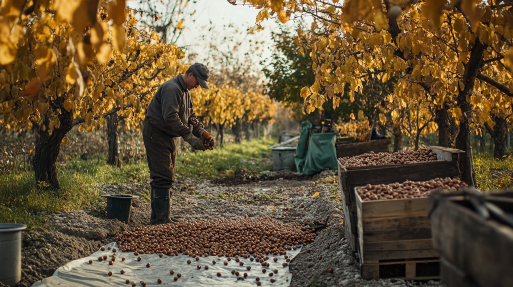 A farmer harvesting hazelnuts in an orchard during autumn, with nuts falling onto a tarp. Harvest hazelnuts.