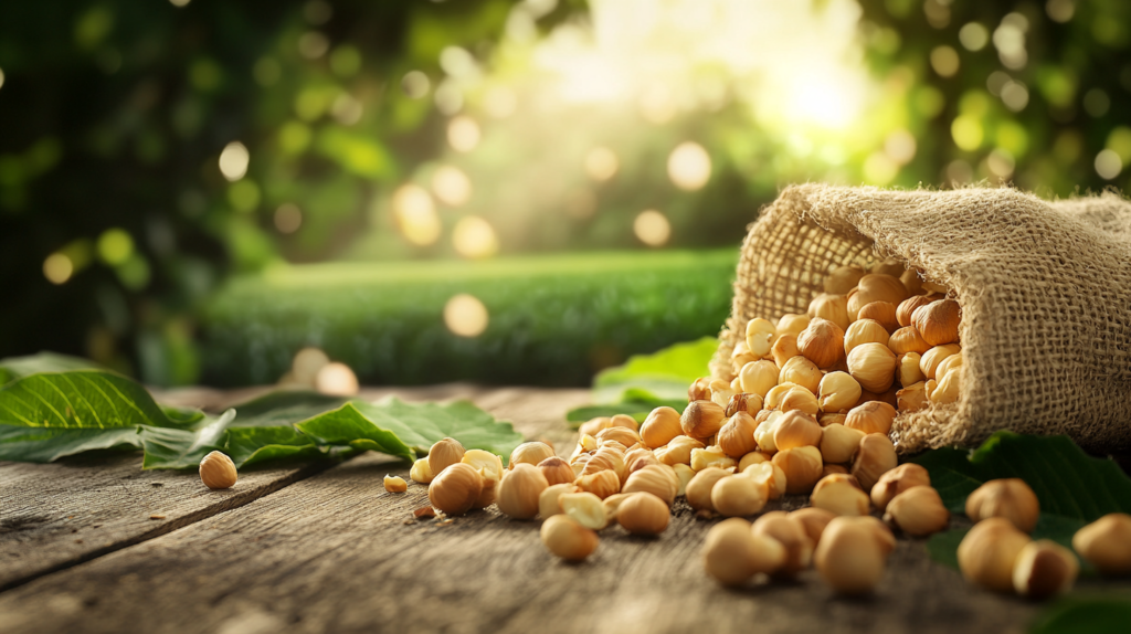 Organic hazelnuts with leaves and a burlap sack on a wooden table, with a green farm field in the background. Organic hazelnut farming.