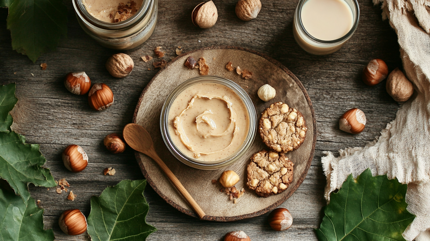 Artisanal hazelnut butter, hazelnut milk, and gluten-free cookies made from hazelnut flour on a wooden table. Hazelnut products.