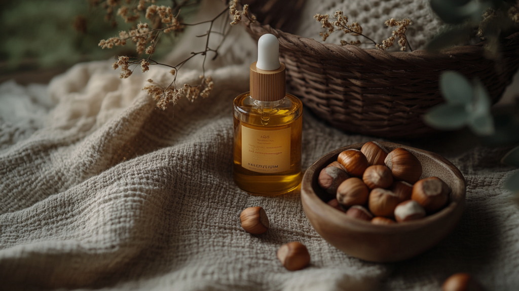 Bottle of hazelnut-infused skincare oil next to raw hazelnuts and plant elements. Hazelnut products.