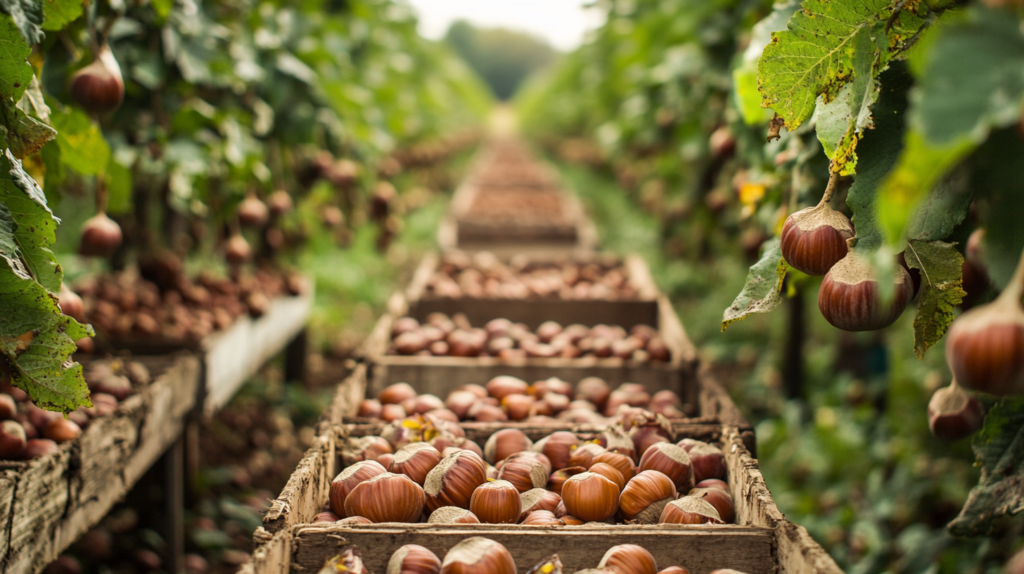 Farmers harvesting ripe hazelnuts from trees in a well-maintained orchard. Profitable hazelnut.