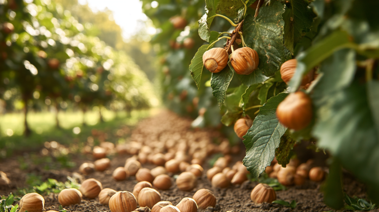 A peaceful autumn hazelnut orchard with ripe hazelnuts on branches and scattered on the ground. Harvest hazelnuts.