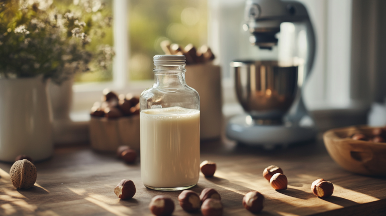 A glass bottle of homemade hazelnut milk on a rustic kitchen countertop with hazelnuts around it.