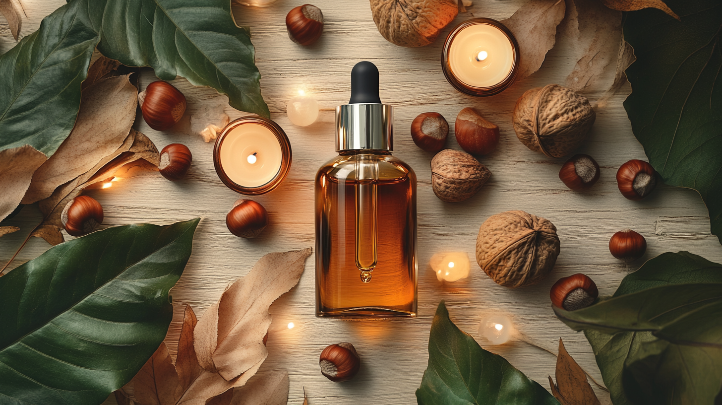 A bottle of hazelnut oil with fresh hazelnuts, candles, and tropical leaves on a wooden surface.