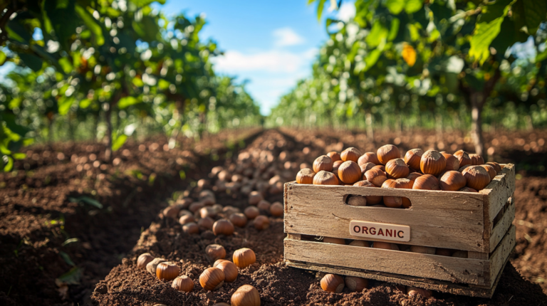 Lush organic hazelnut orchard with a crate of freshly harvested hazelnuts labeled 'Organic.' Organic hazelnut farming.