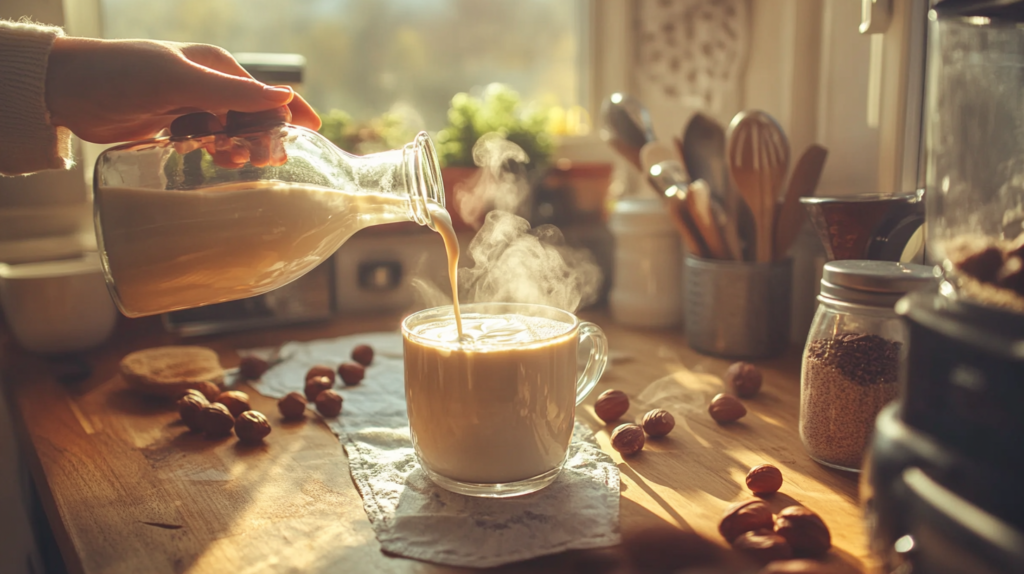 Pouring hazelnut milk from a glass bottle into a frothy cappuccino.