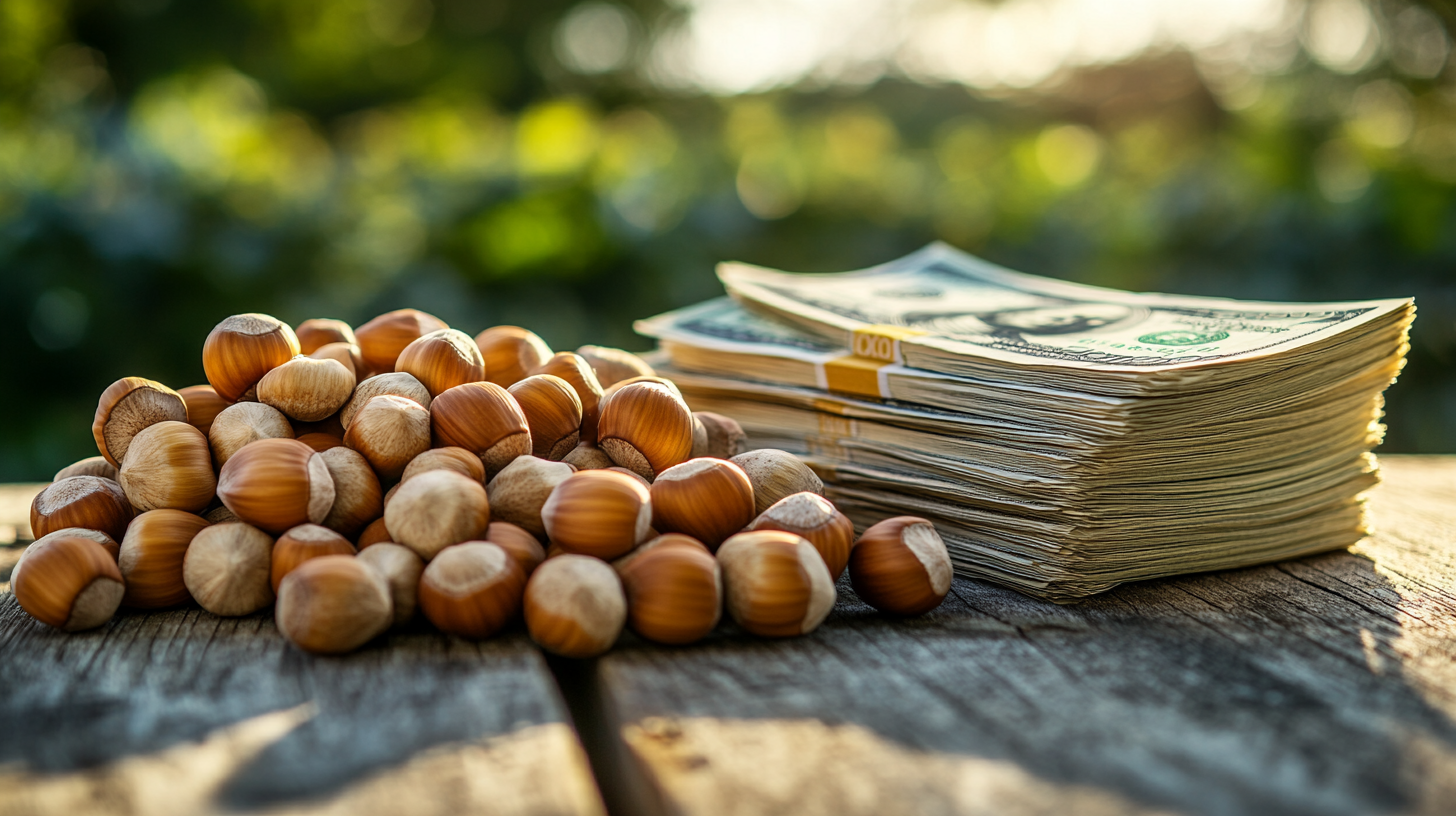 Realistic stack of hundred-dollar bills next to fresh hazelnuts on a wooden table with a hazelnut orchard in the background. Profitable hazelnut varieties.