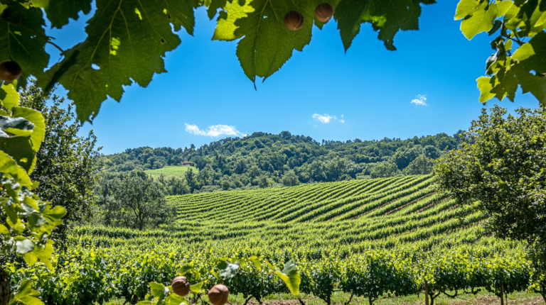 A hazelnut orchard with ripe hazelnuts on trees, symbolizing sustainable carbon farming.