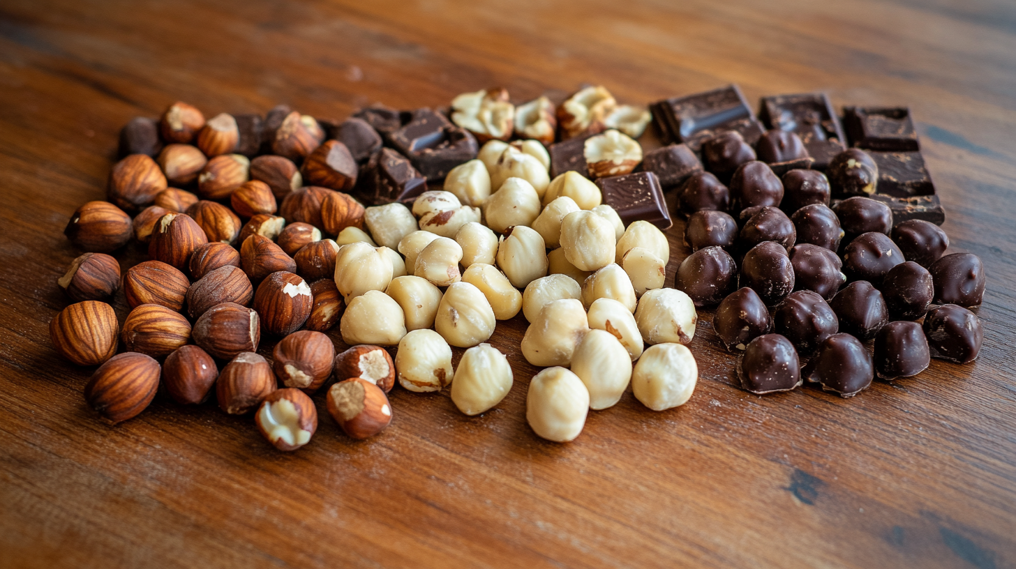 Close-up of Barcelona, Tonda Gentile, and Tombul hazelnuts with chocolate confections. Hazelnut varieties.