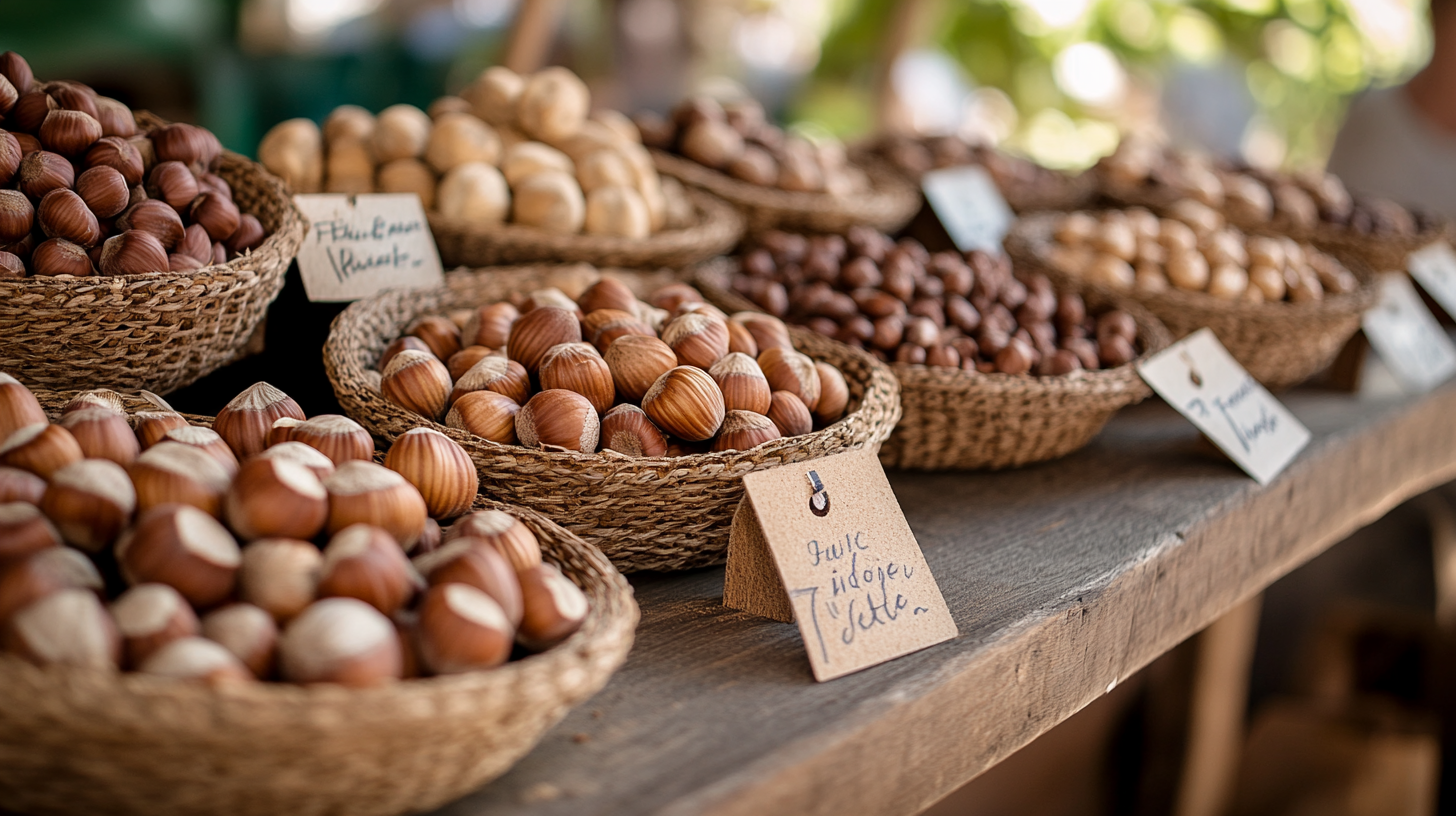 Barcelona, Ennis, and Filbert hazelnuts displayed on a wooden table with market tags. Profitable hazelnut.