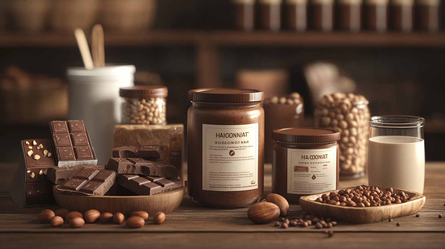 Assortment of hazelnut-flavored products including spread, milk, and chocolate bars on a rustic table. Hazelnut flavors.