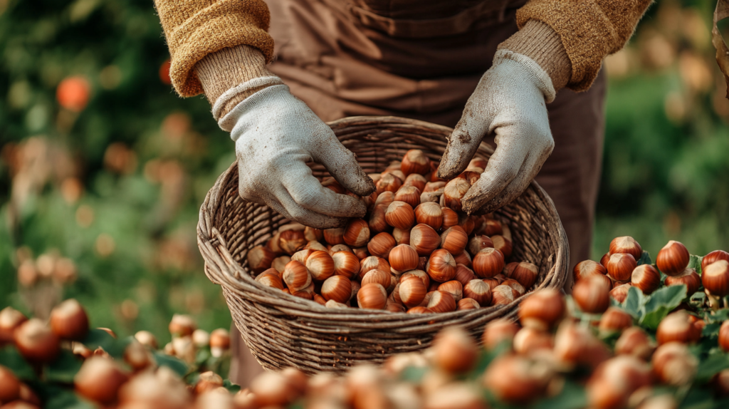 A worker carefully harvesting hazelnuts in a biodiverse orchard using sustainable farming methods.