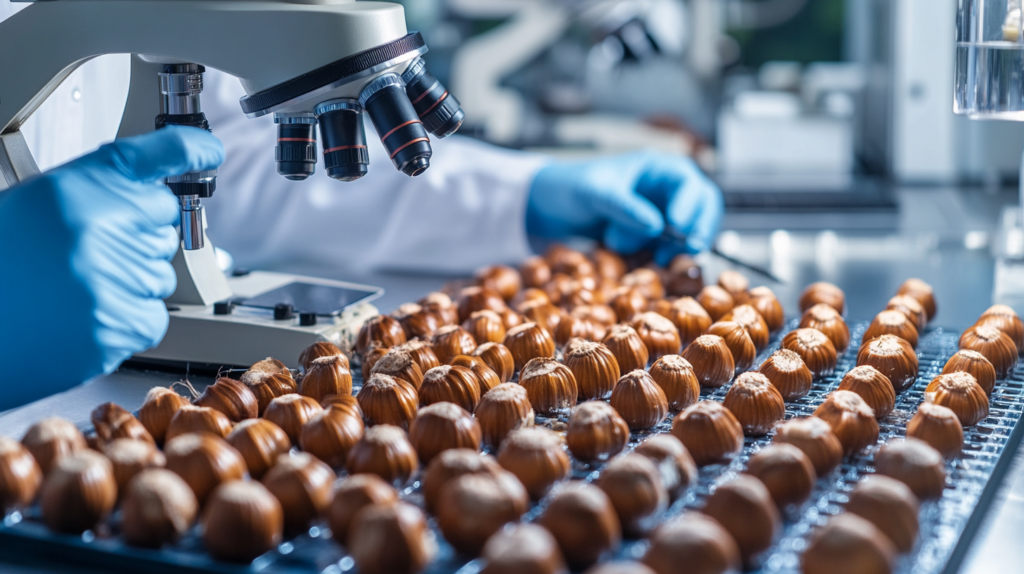 A hazelnut breeder analyzing a new variety in a lab with digital genome charts and breeding tools. Hazelnut Breeding.