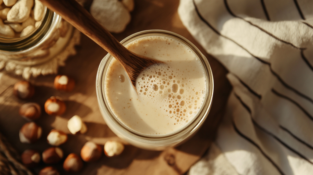 A wooden spoon stirring a glass of hazelnut milk, surrounded by fresh hazelnuts and a jar of hazelnut milk on a rustic kitchen table. Hazelnut milk benefits.