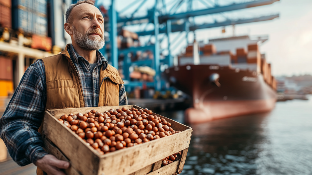 A farmer holding a crate of hazelnuts near a cargo ship at a busy port, symbolizing the global logistics of the hazelnut supply chain.