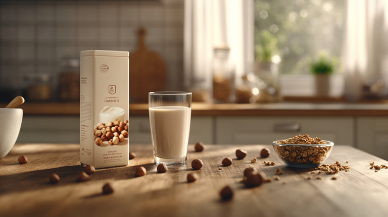 A branded hazelnut milk carton from the market placed next to a glass of hazelnut milk on a wooden kitchen table with scattered hazelnuts and granola.