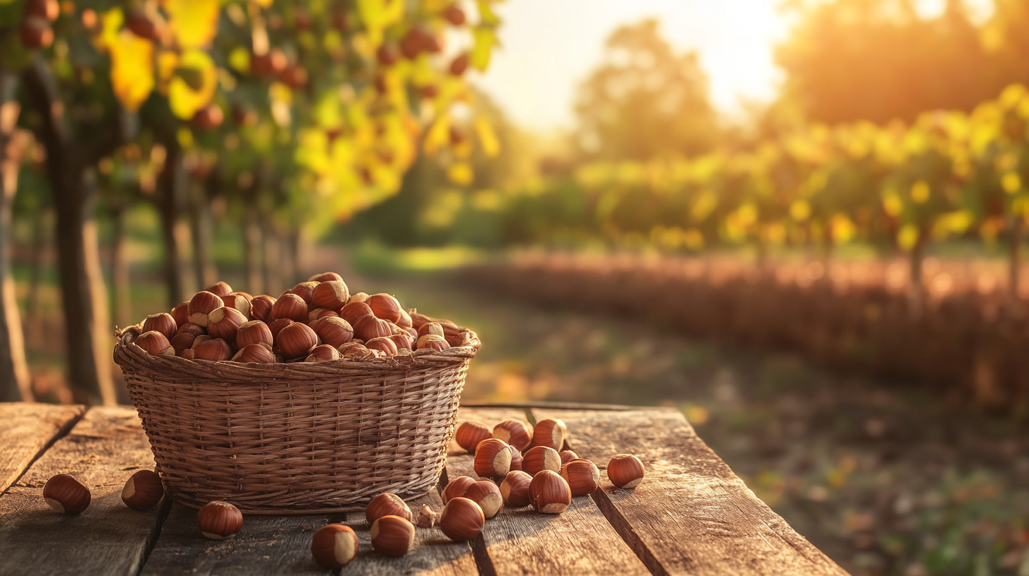 Freshly harvested hazelnuts in baskets on a wooden table, with hazelnut trees and sustainable farming tools in the background. Hazelnut breeding.