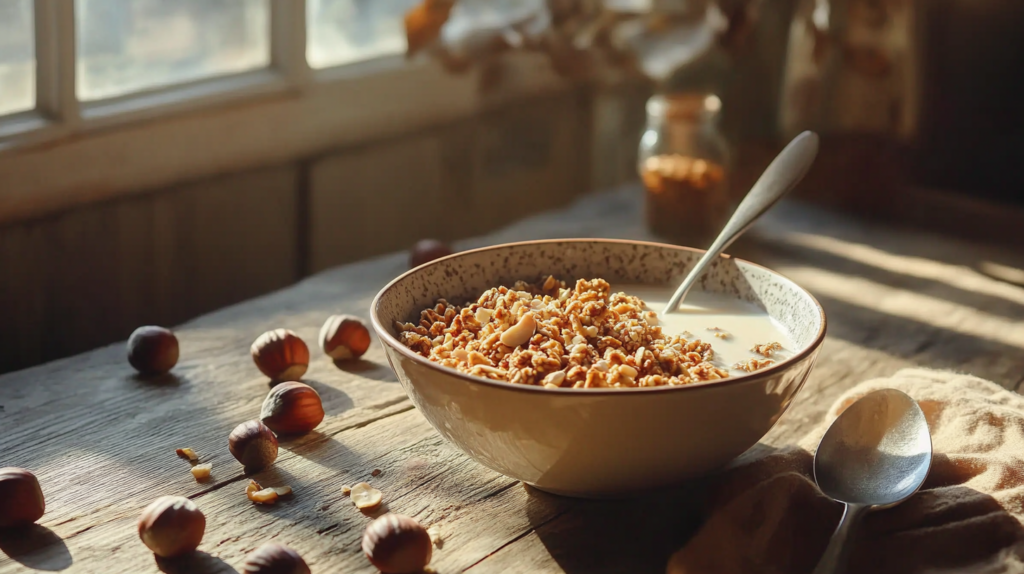 A bowl of granola with hazelnut milk, surrounded by hazelnuts, a spoon, and a rustic wooden table.