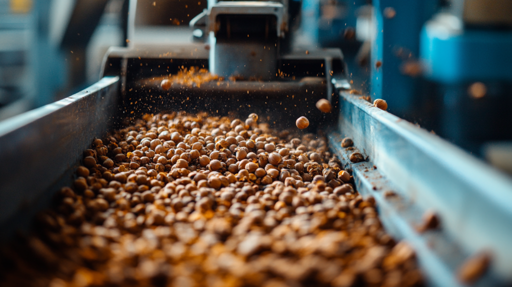 A close-up of a modern hazelnut harvester collecting nuts from the ground with precision and efficiency.