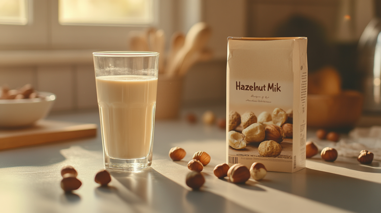 A glass of hazelnut milk beside a labeled eco-friendly carton on a kitchen counter with shelled hazelnuts.