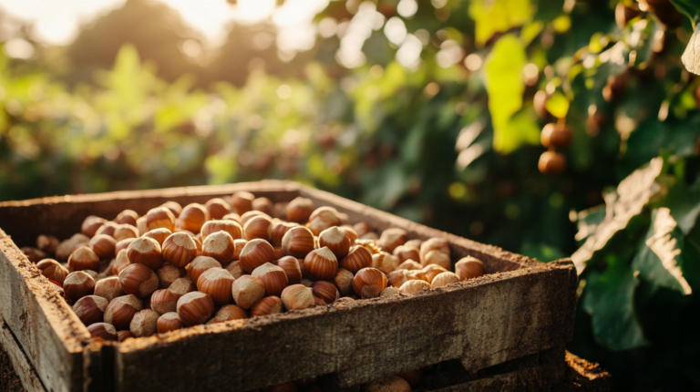 A wooden crate filled with freshly harvested hazelnuts on a wooden table in a sunlit orchard, with a farmer's hand reaching in.