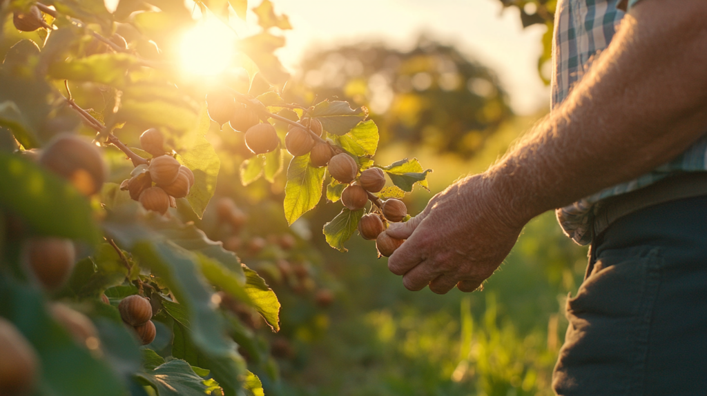 A farmer inspects ripe hazelnuts on a branch in a hazelnut orchard during sunrise, emphasizing sustainable farming practices. Adapting Hazelnuts.