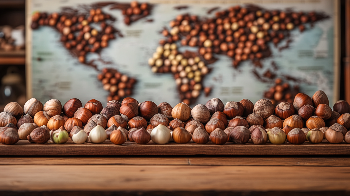 Different hazelnut varieties—European, American, and hybrids—arranged on a table with a world map in the background illustrating their global adaptability. Adapting hazelnuts.