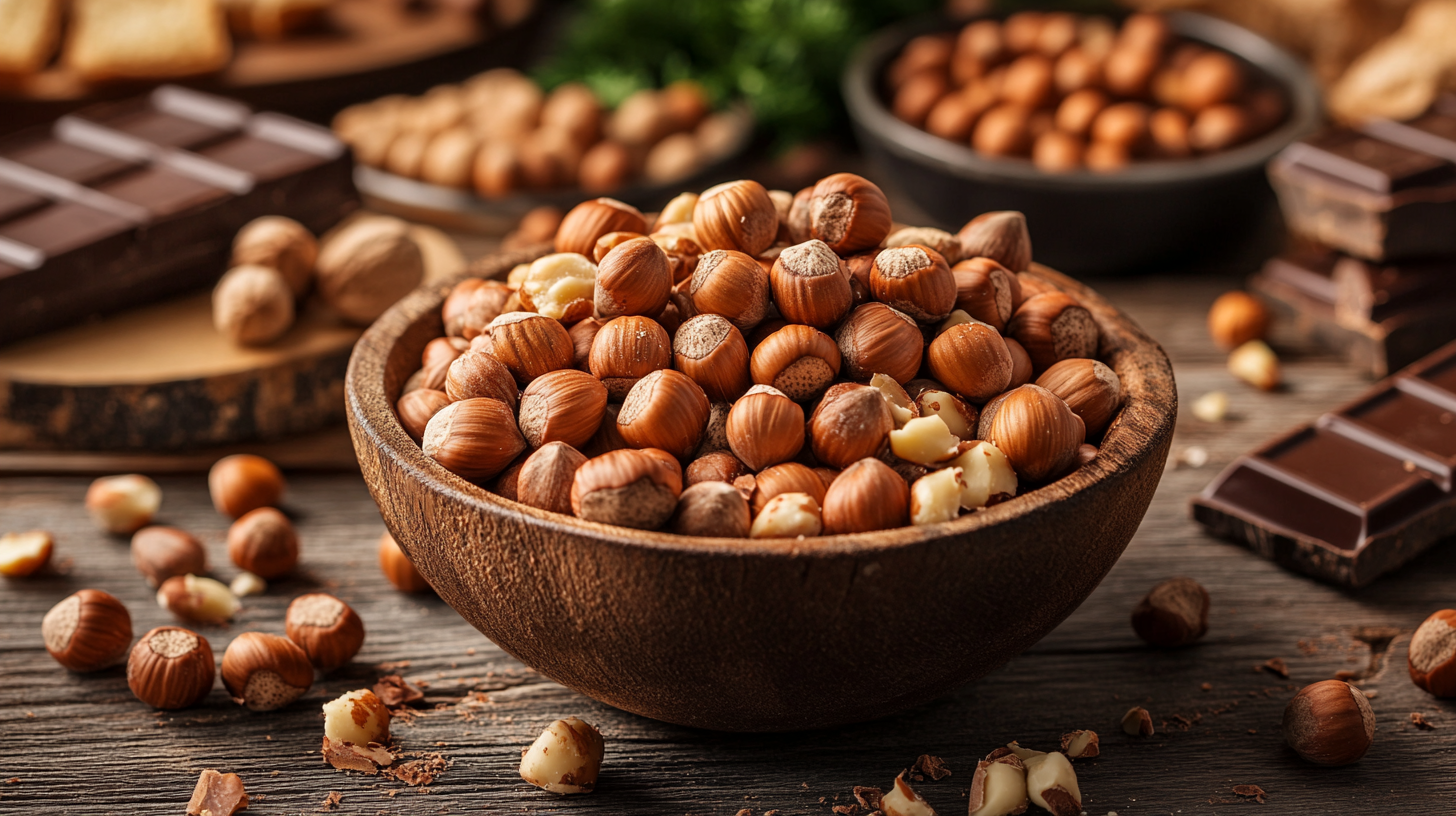 A bowl of Barcelona hazelnuts on a wooden table surrounded by chocolate, hazelnut spread, and baked goods. Global demand for Barcelona hazelnuts.