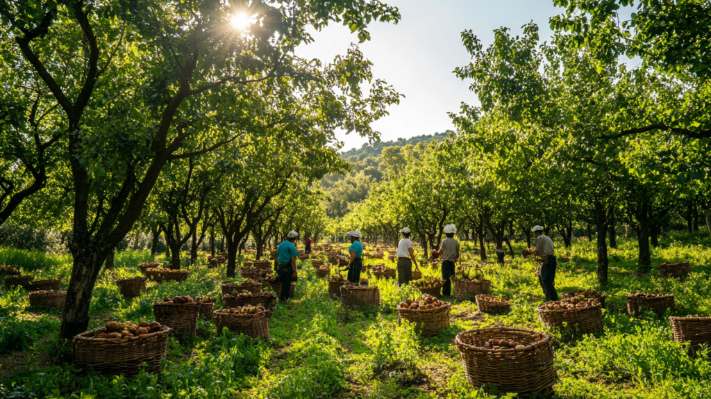 Workers harvesting ripe hazelnuts in a Spanish orchard with woven baskets and lush green trees. Global demand for Barcelona hazelnuts.