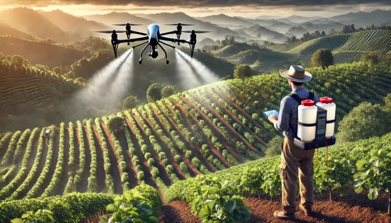 Farmer operating drone for spraying in a hilly hazelnut orchard. Hazelnut Drone Farming.